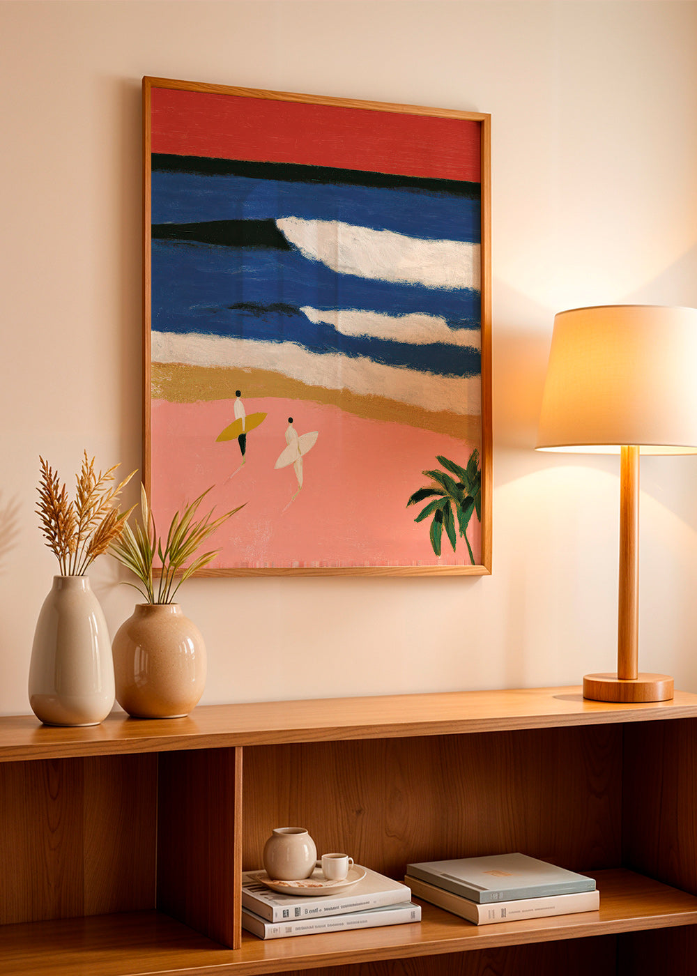 Landscape art with surfers and pink sand