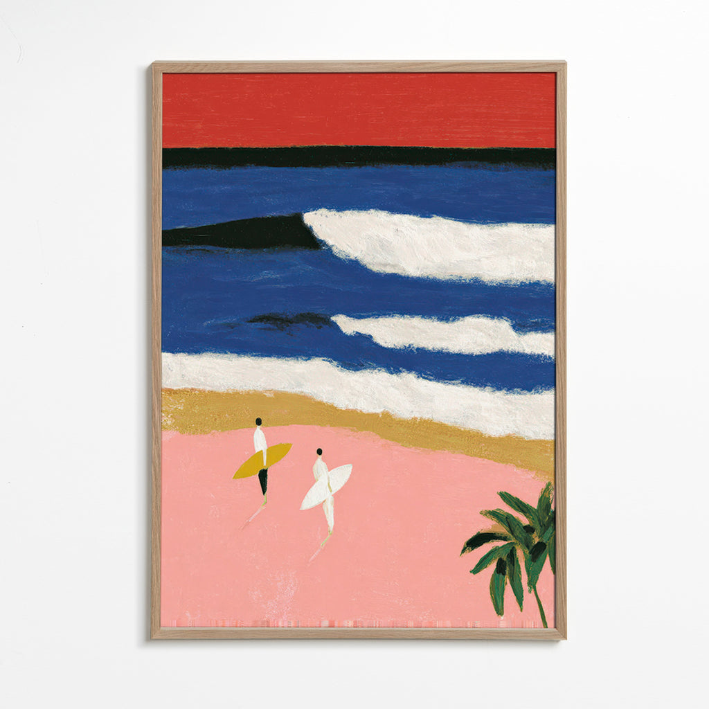 Landscape art with surfers and pink sand
