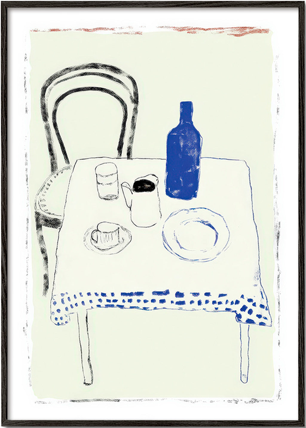 Kitchen art: blue bottle and simple tableware