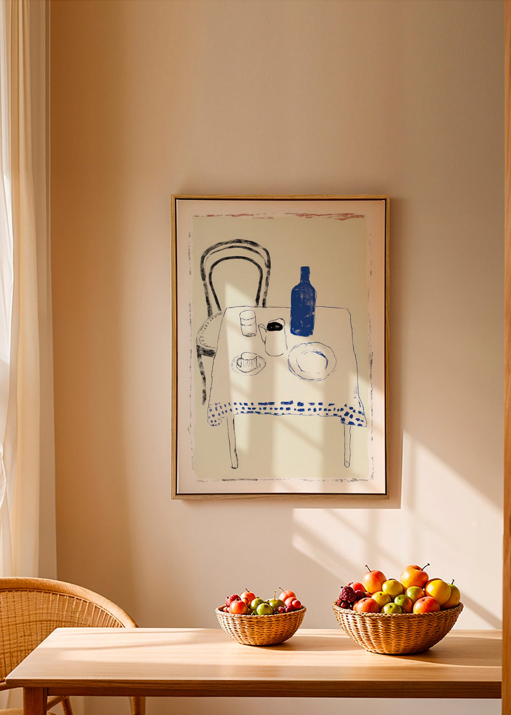 Kitchen art: blue bottle and simple tableware