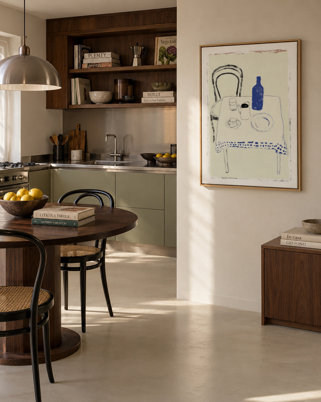 Blue Bottle Table - Framed canvas in an interior