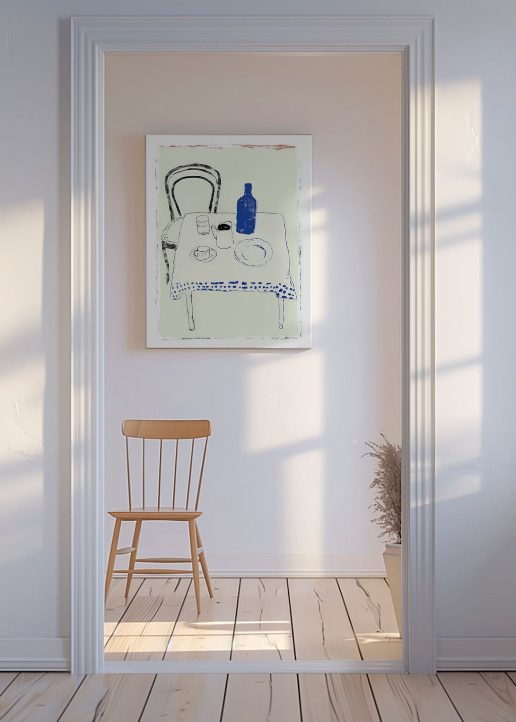 Kitchen art: blue bottle and simple tableware