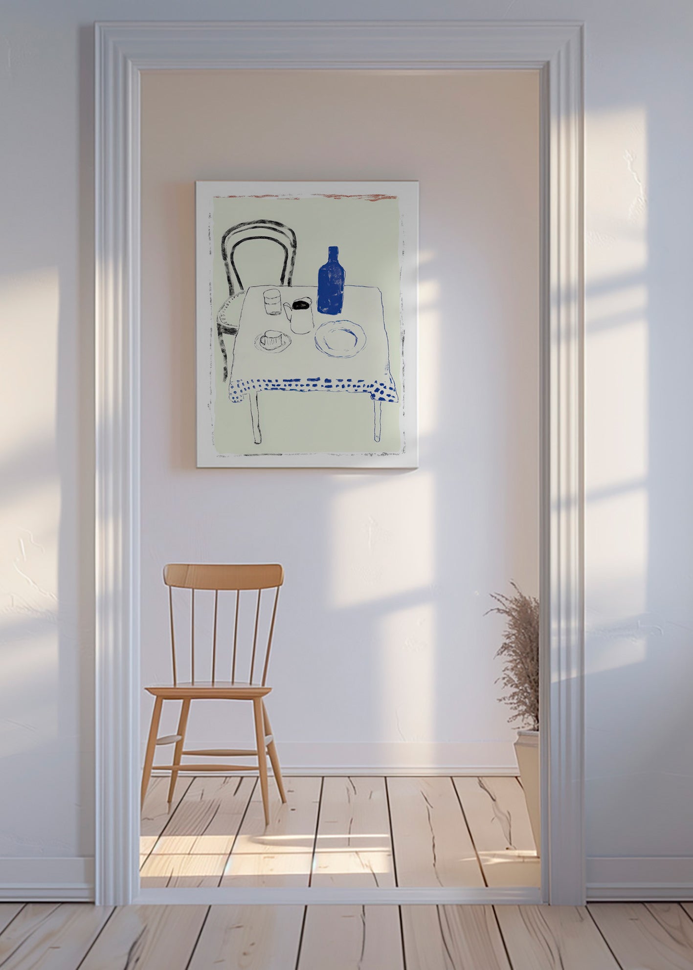 Kitchen art: blue bottle and simple tableware