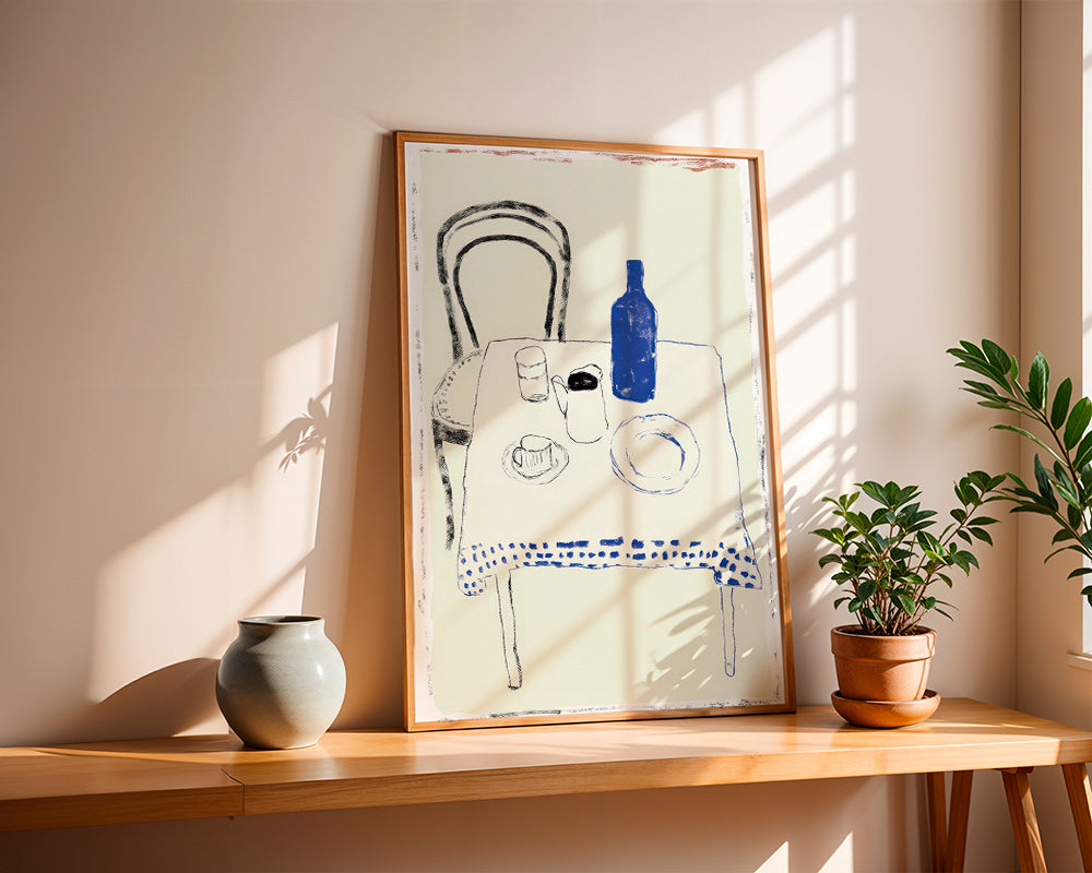 Kitchen art: blue bottle and simple tableware