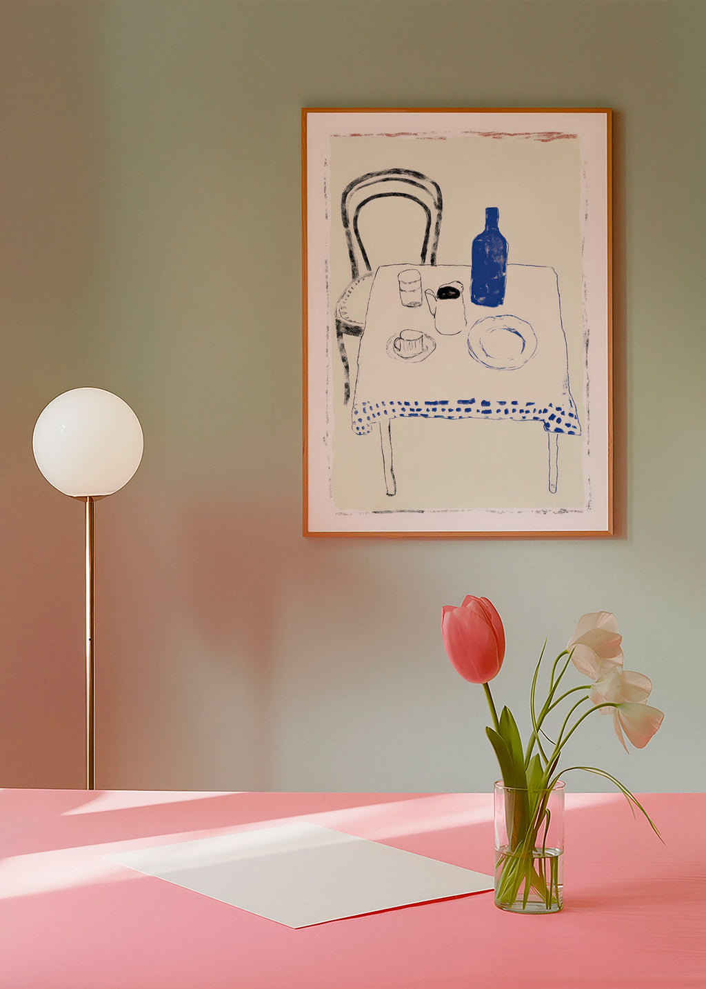 Kitchen art: blue bottle and simple tableware