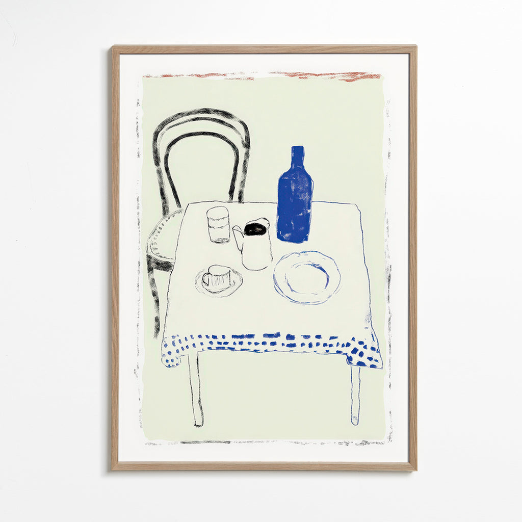 Kitchen art: blue bottle and simple tableware