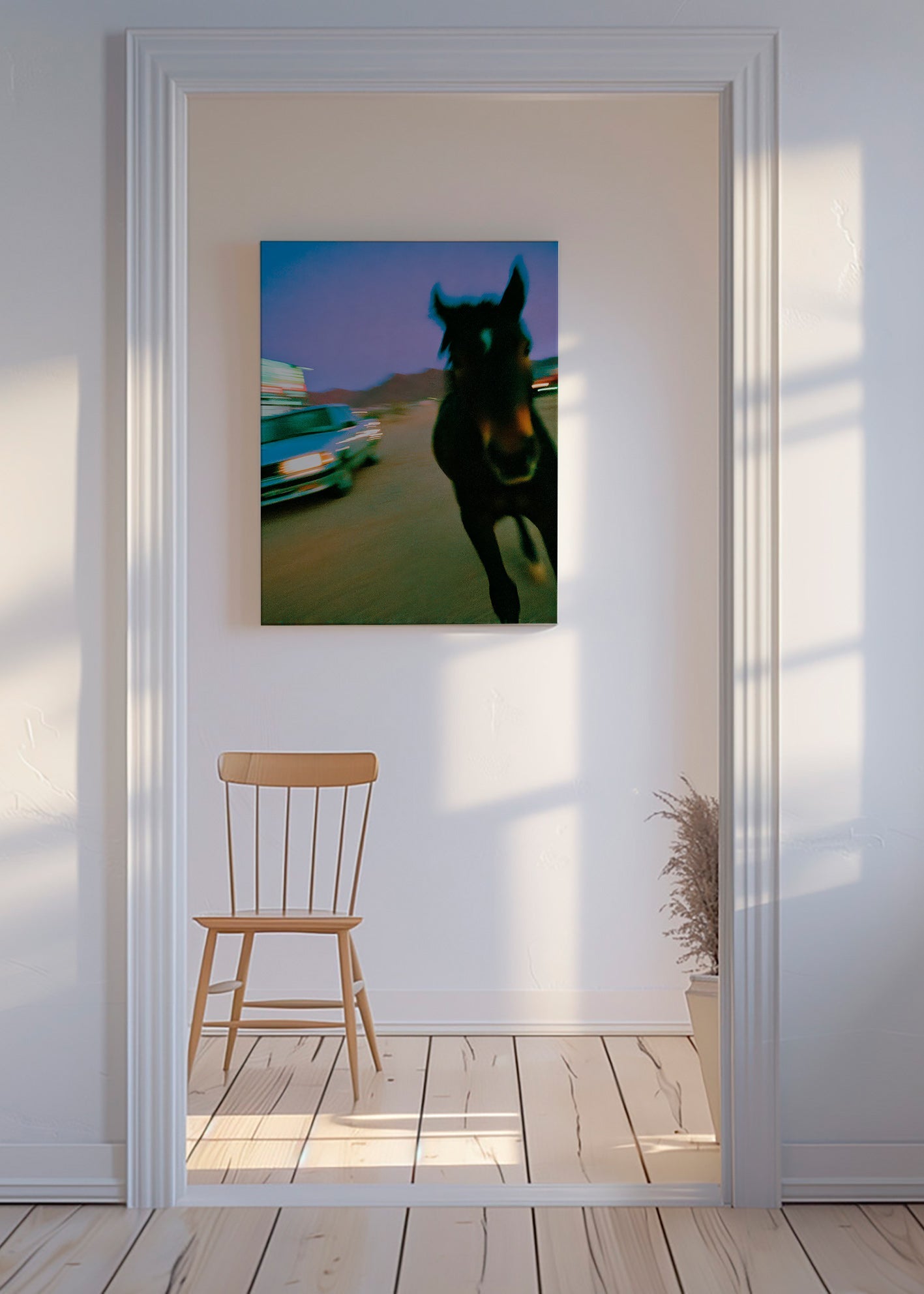 Artwork horse in motion at dusk