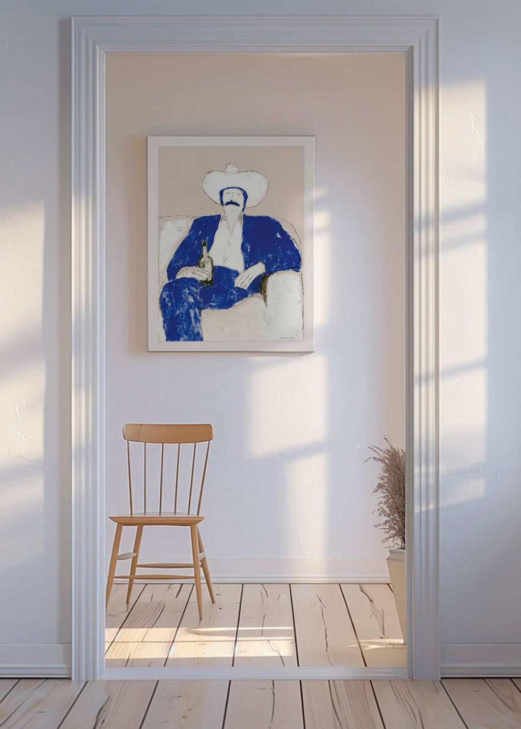 Illustration of seated blue cowboy