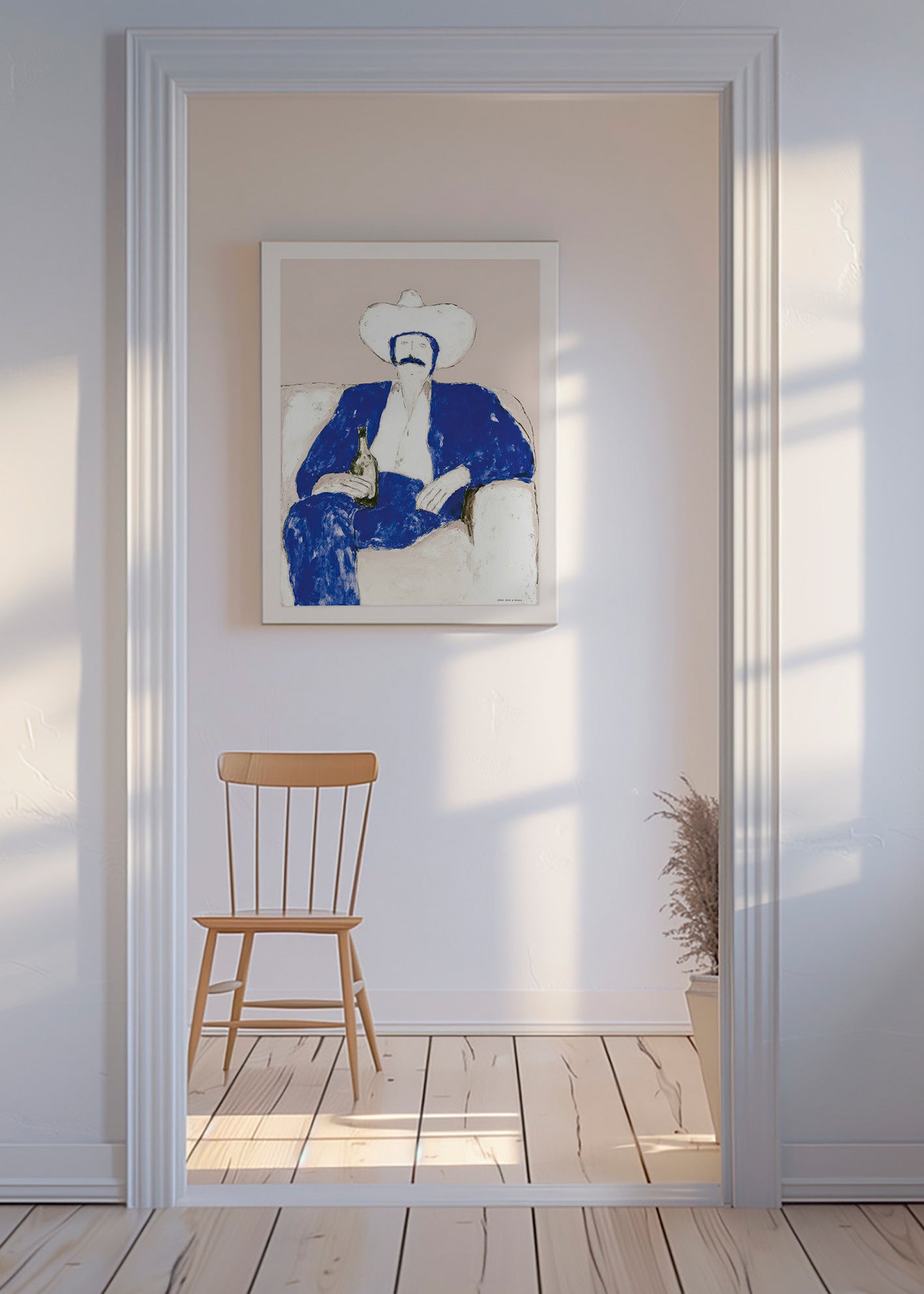 Illustration of seated blue cowboy