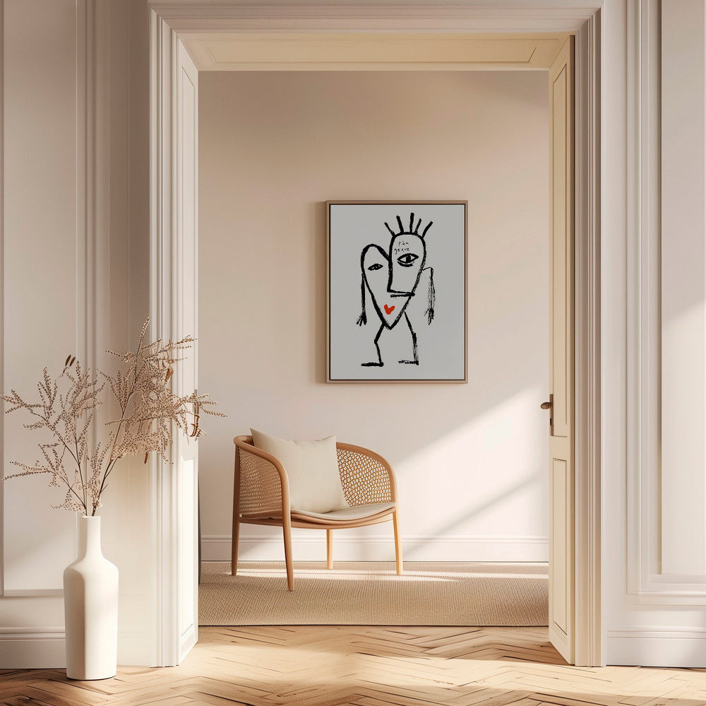 Abstract artwork linear face with red heart