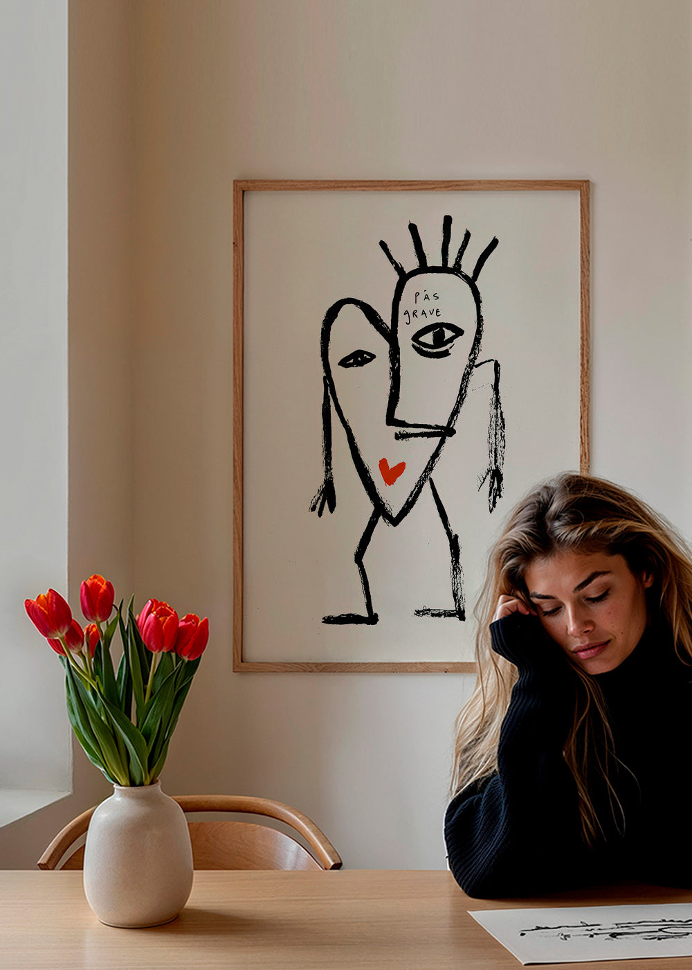 Abstract artwork linear face with red heart
