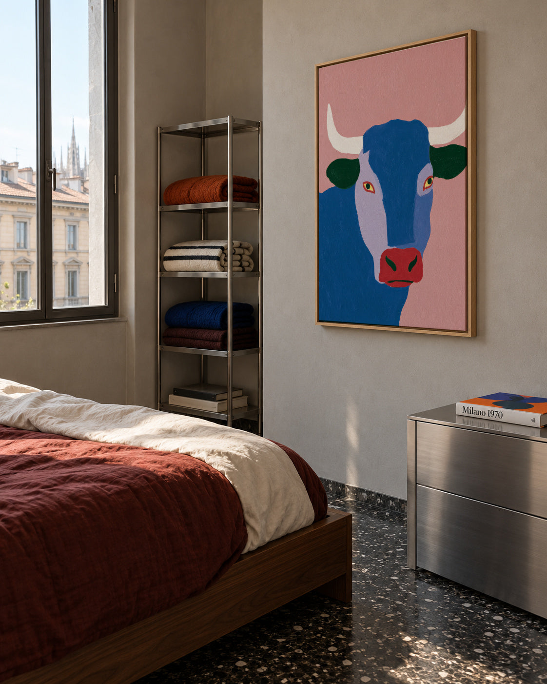 Indigo Bull - Framed canvas in an interior