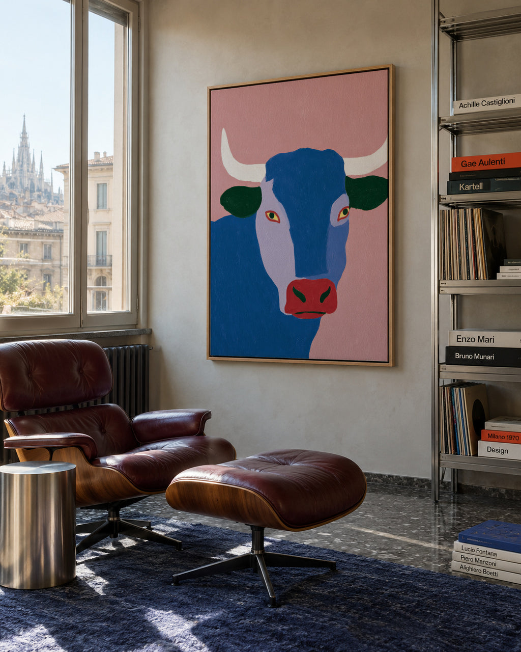 Indigo Bull - Framed canvas in an interior