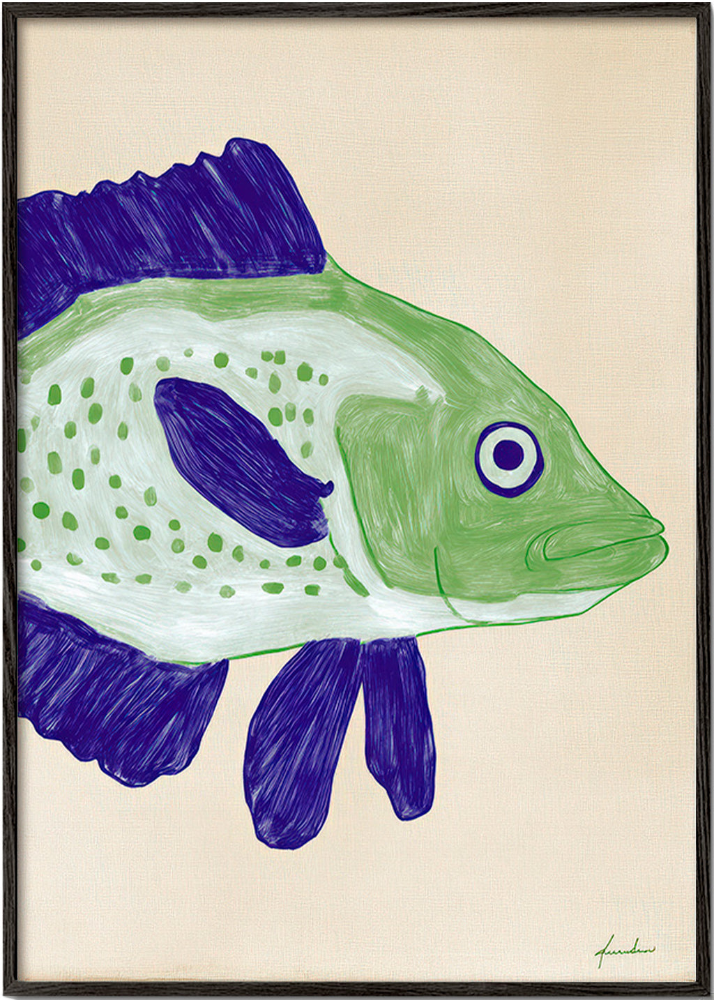 Fish print with green body and blue strokes
