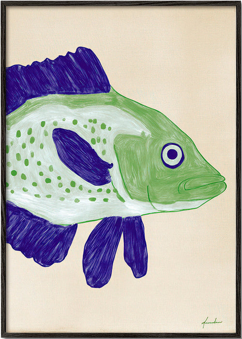 Fish print with green body and blue strokes