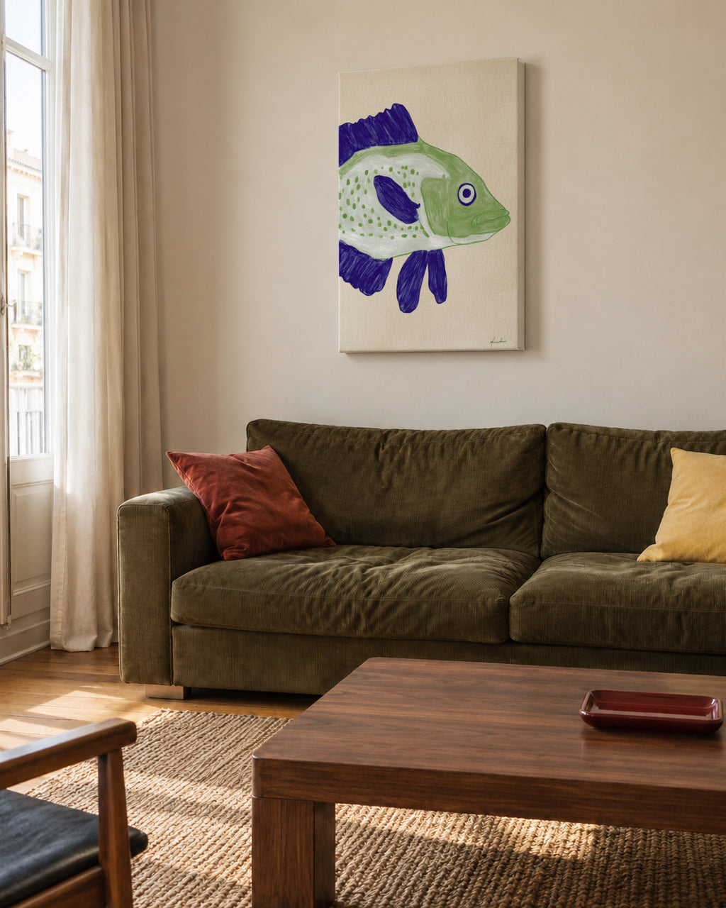 Green Fish - Unframed canvas in an interior