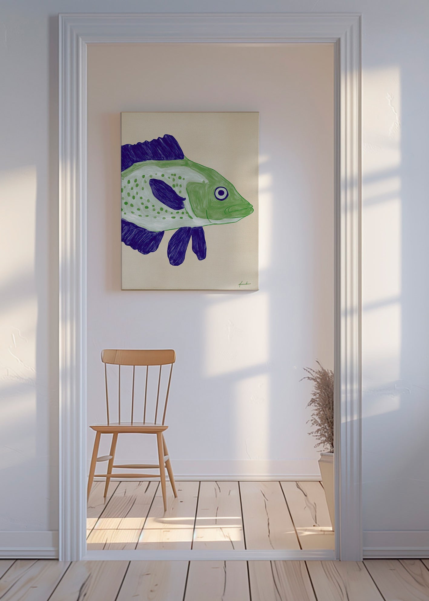 Fish print with green body and blue strokes