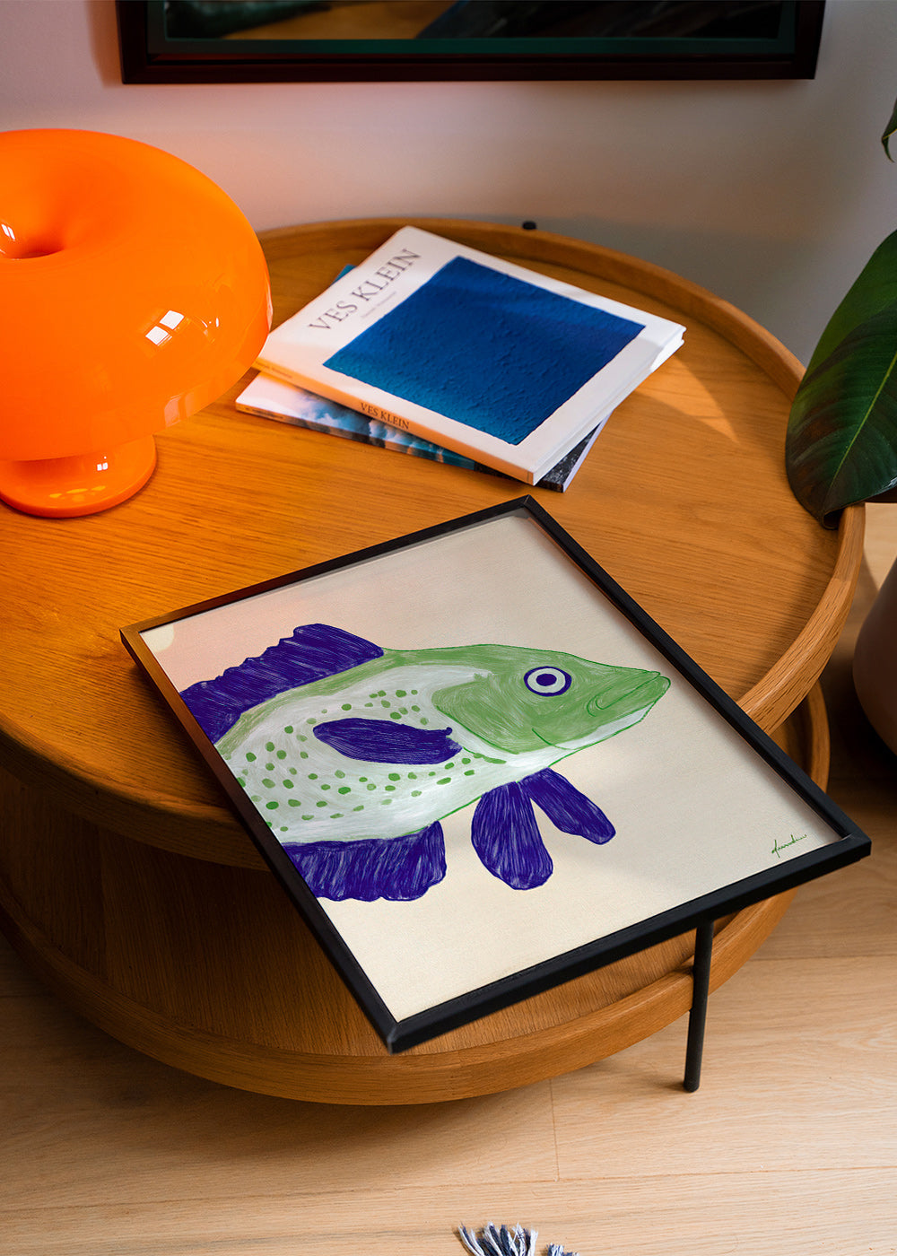 Fish print with green body and blue strokes