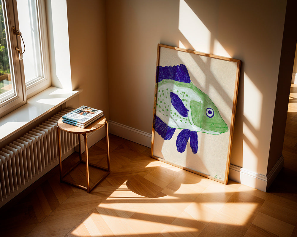 Fish print with green body and blue strokes