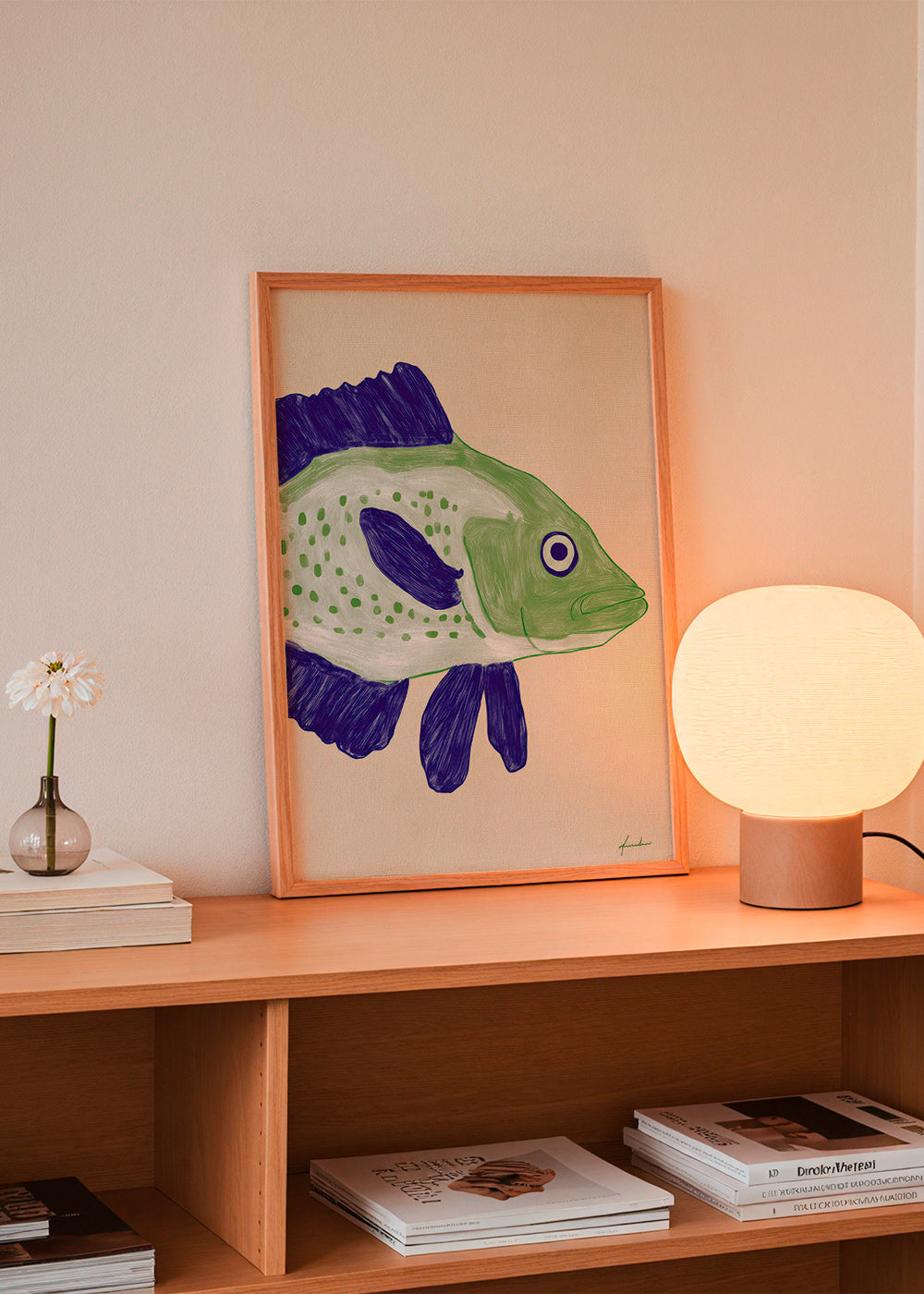 Fish print with green body and blue strokes