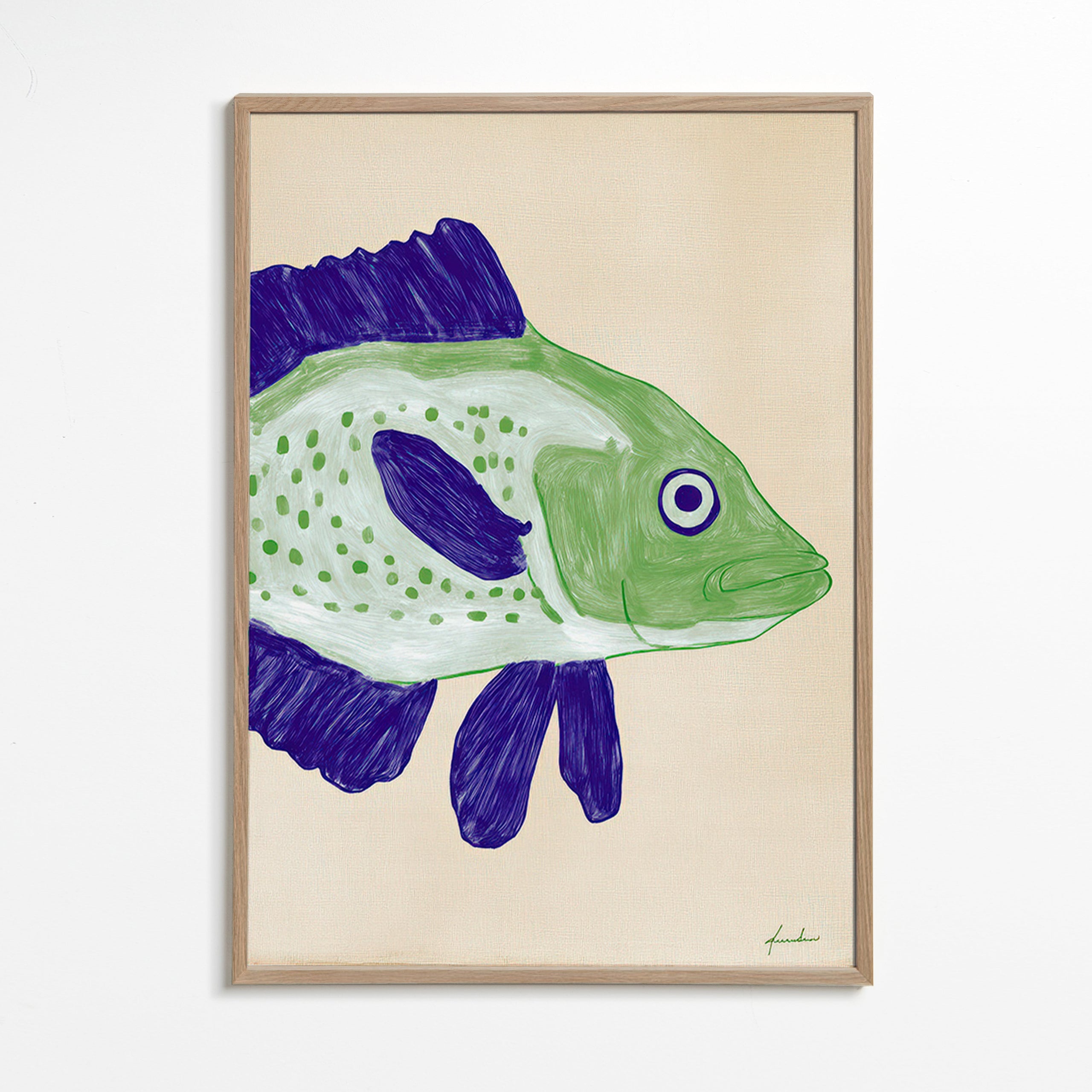 Fish print with green body and blue strokes