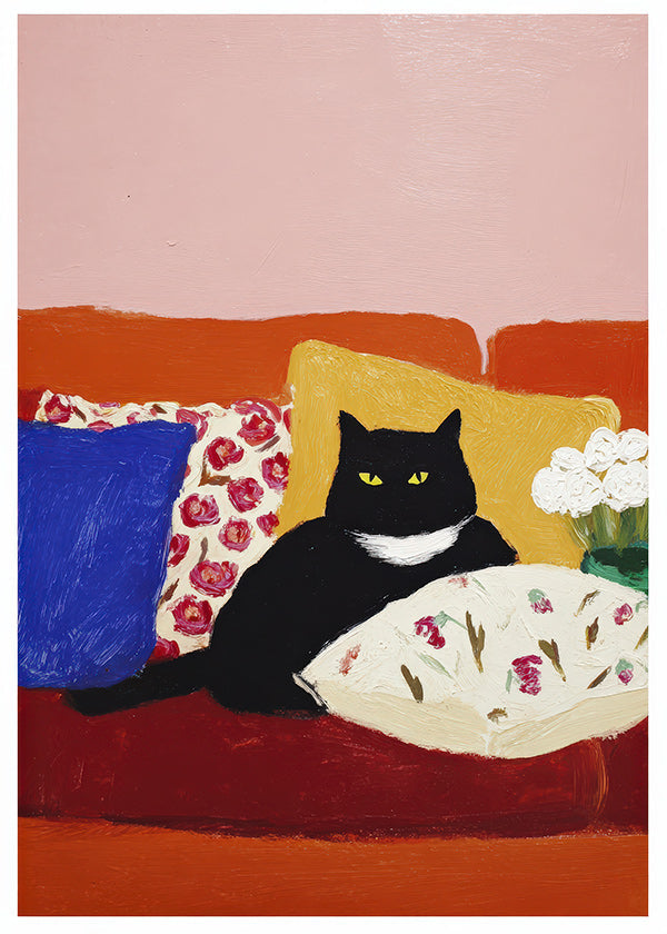 Artwork black cat on colorful sofa