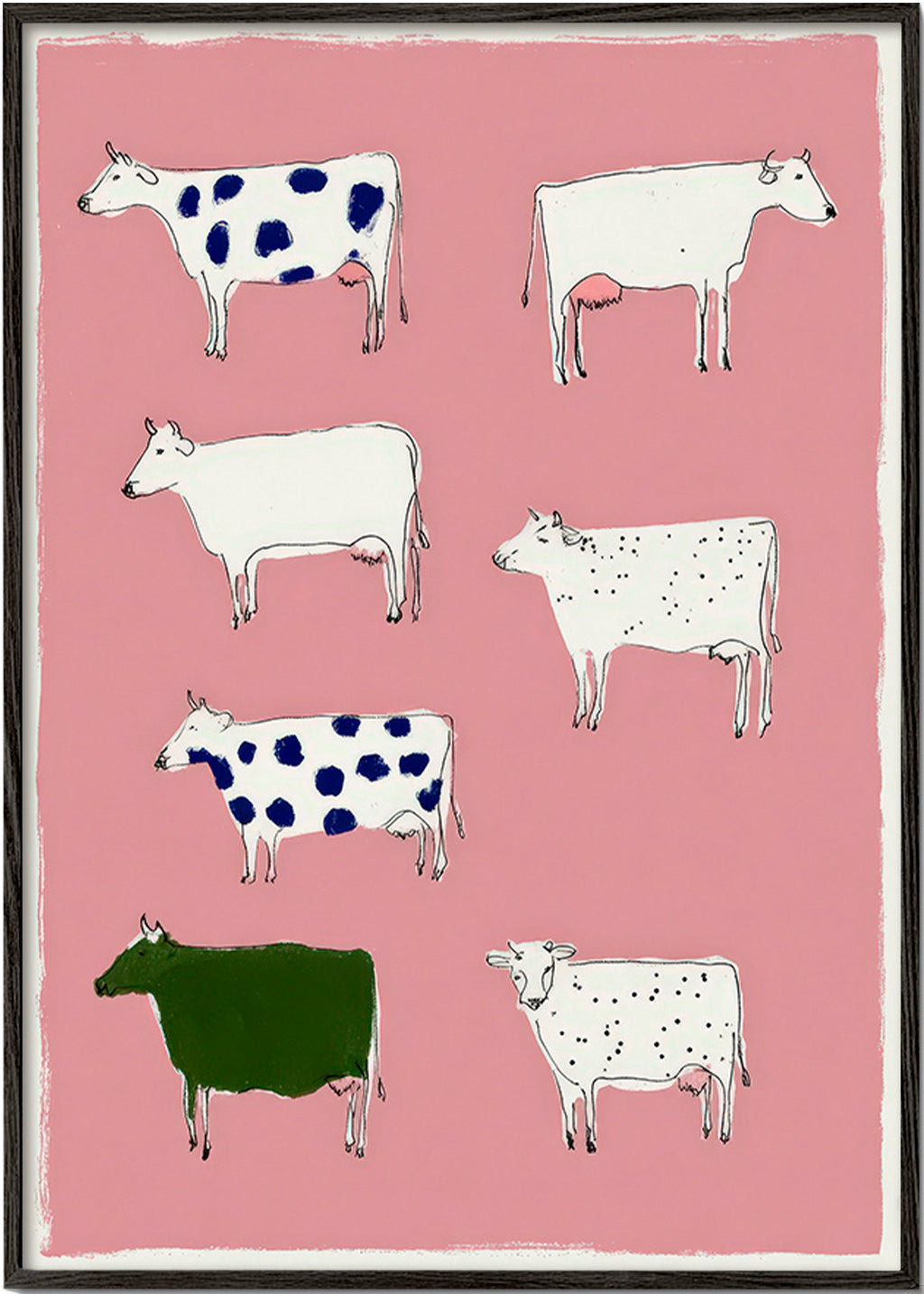 Artwork with playful cows on pink background