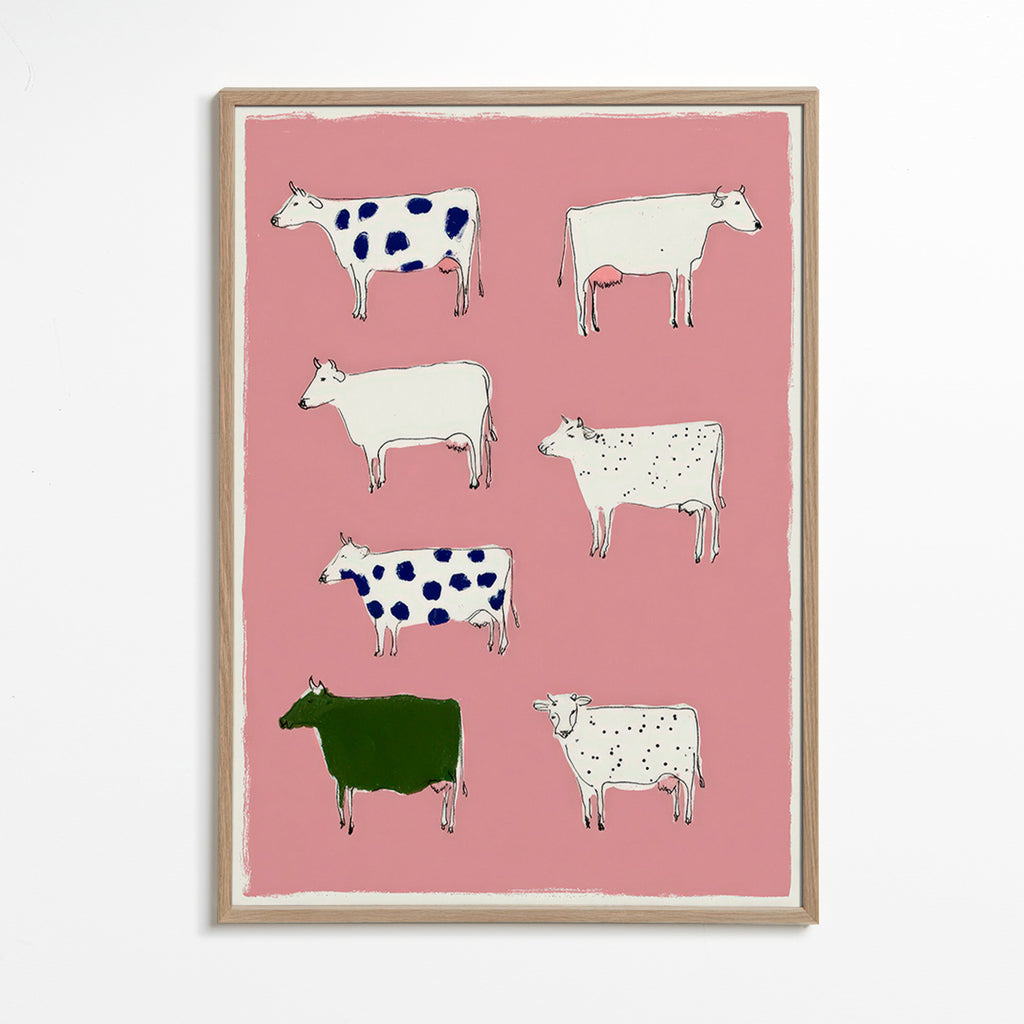 Artwork with playful cows on pink background