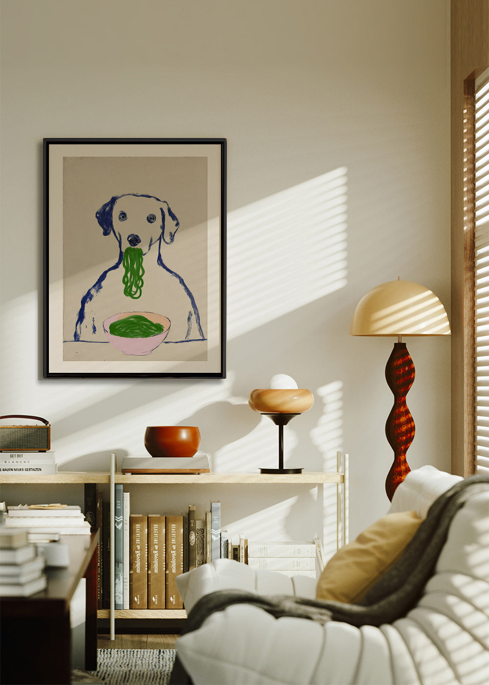 Kitchen art: dog with noodles