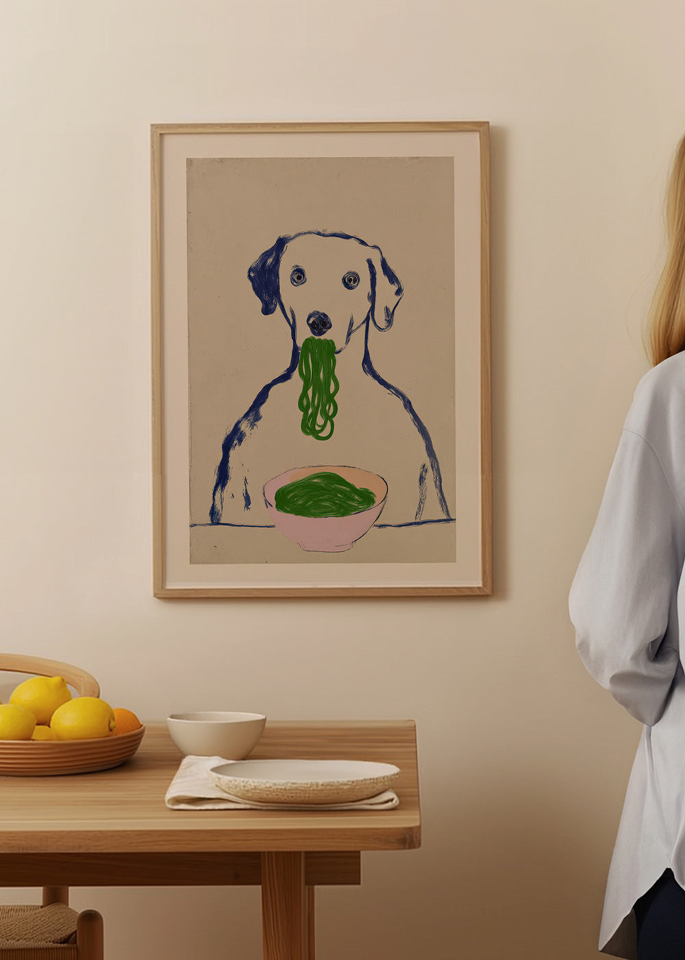 Kitchen art: dog with noodles