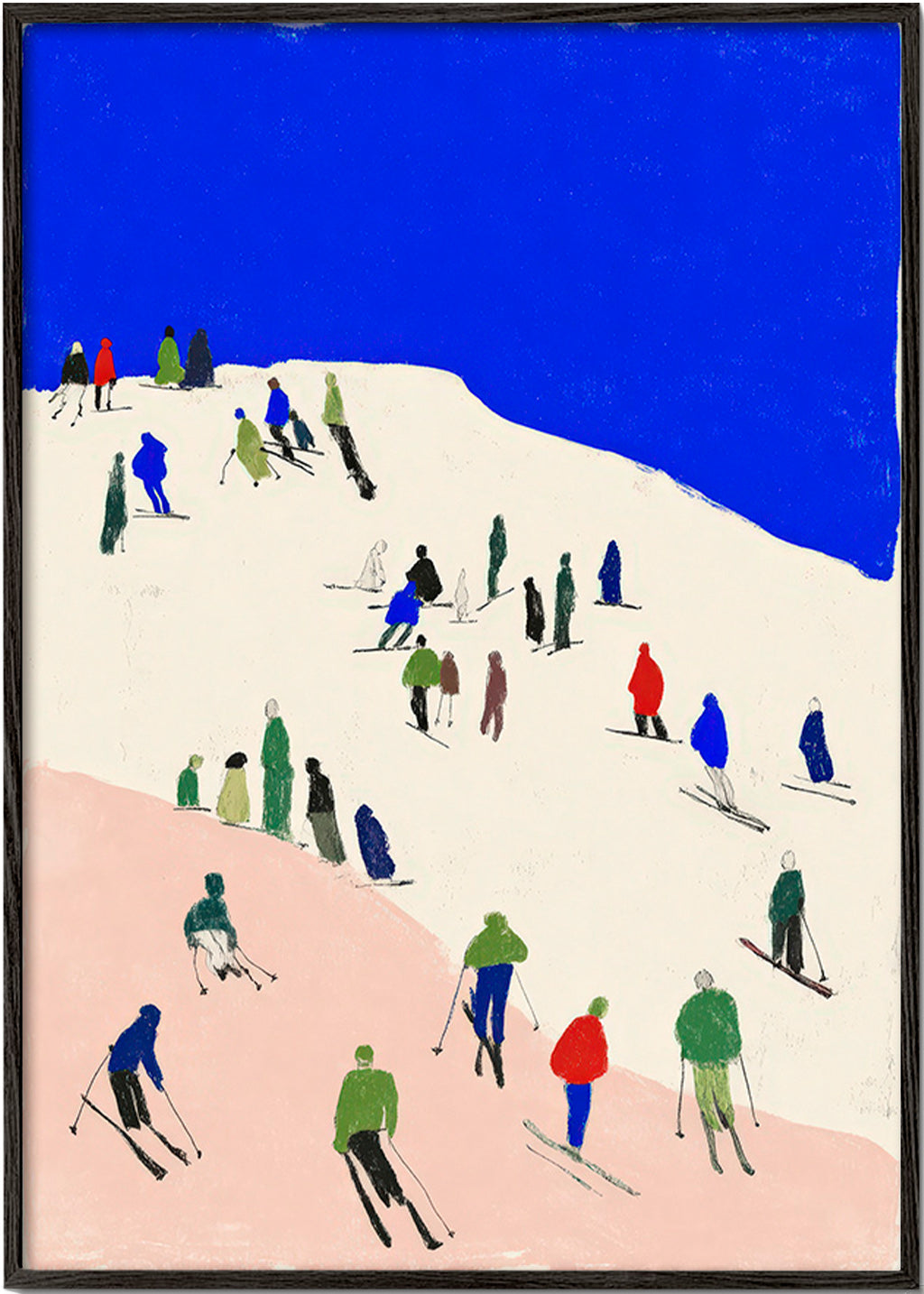 Landscape art: skiers on a blue slope