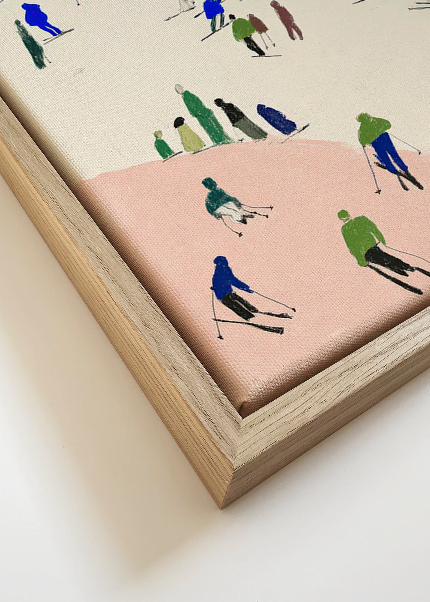 Landscape art: skiers on a blue slope