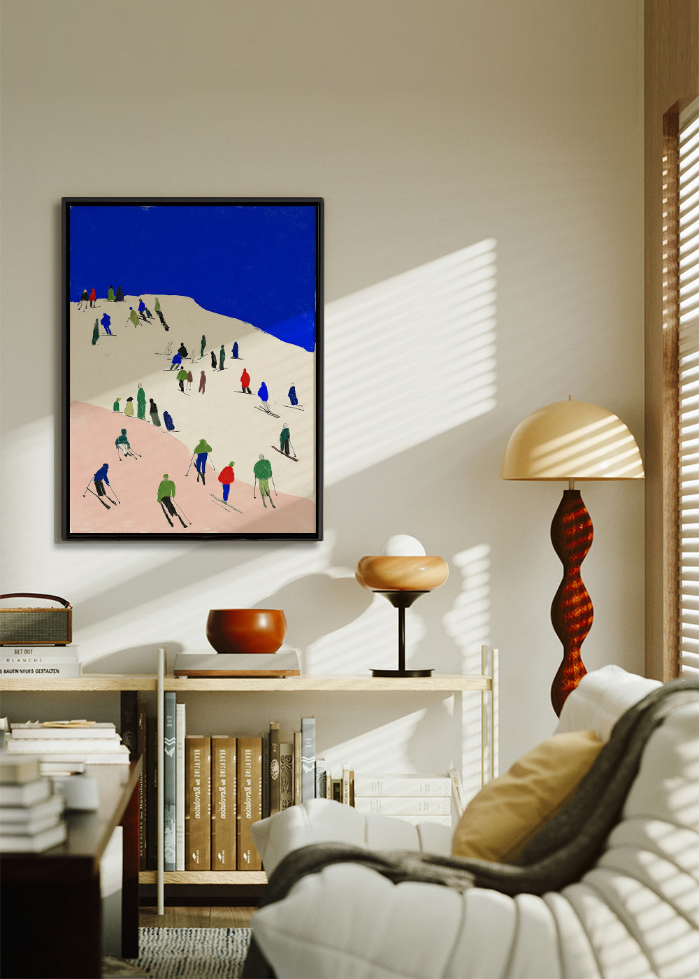 Landscape art: skiers on a blue slope