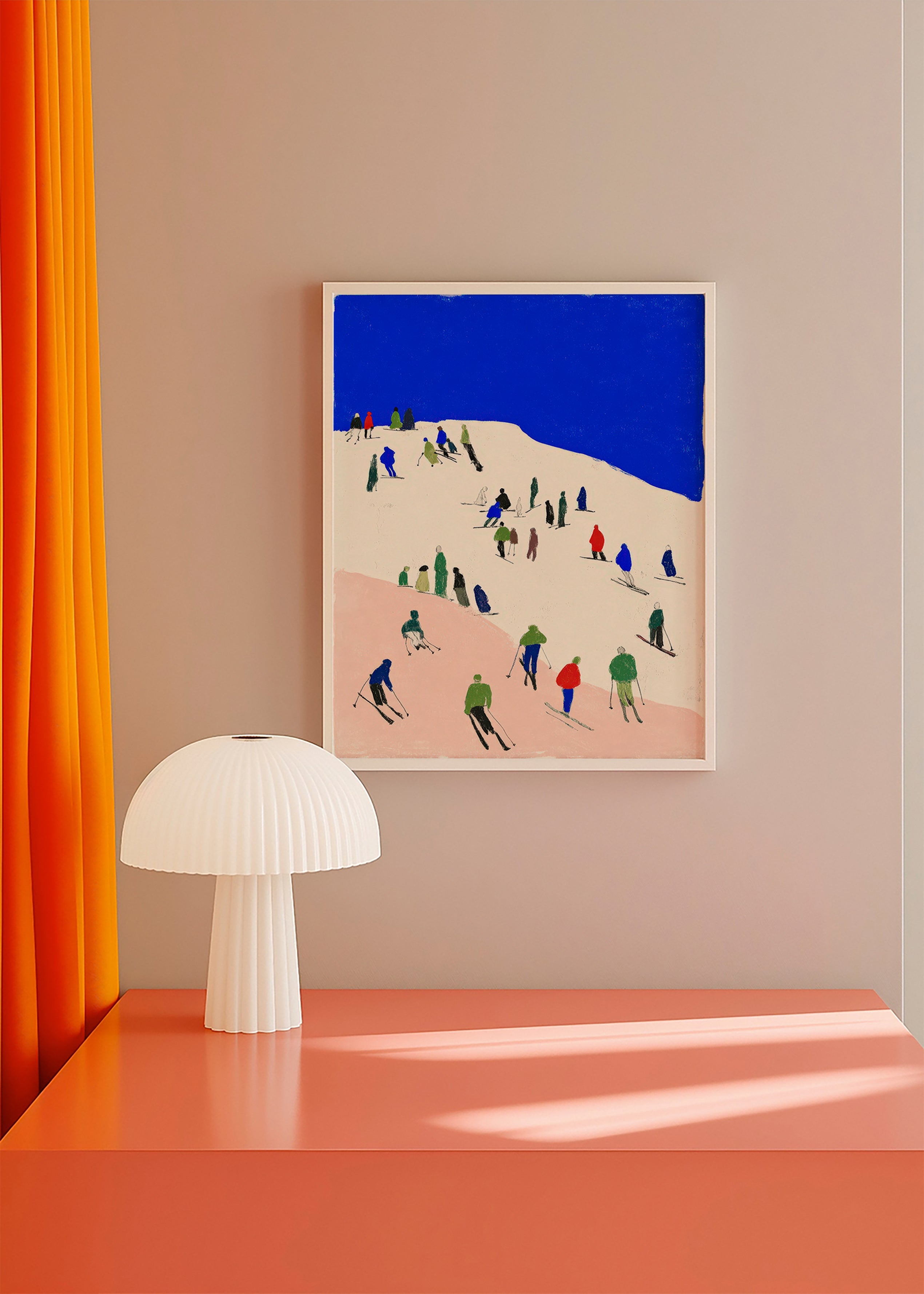 Landscape art: skiers on a blue slope