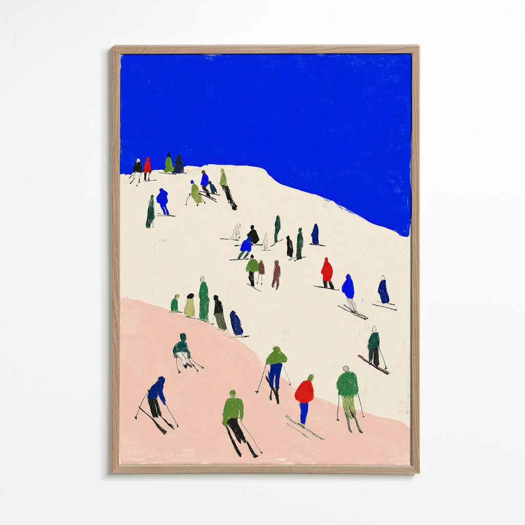Landscape art: skiers on a blue slope