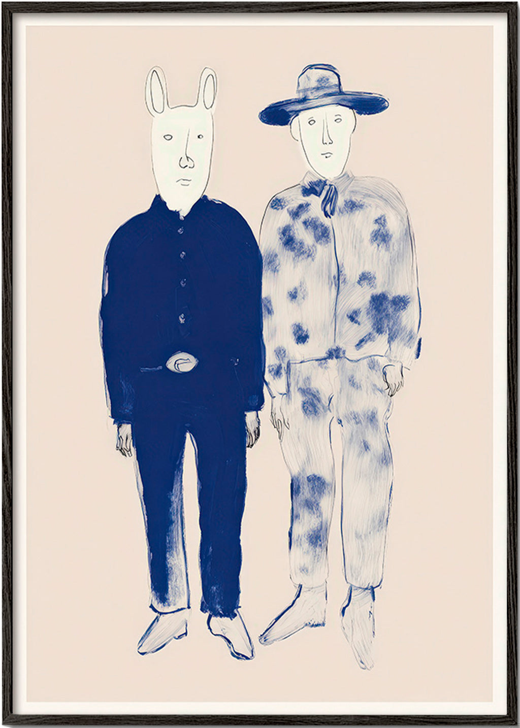 Two-figure illustration with rabbit in blue ink