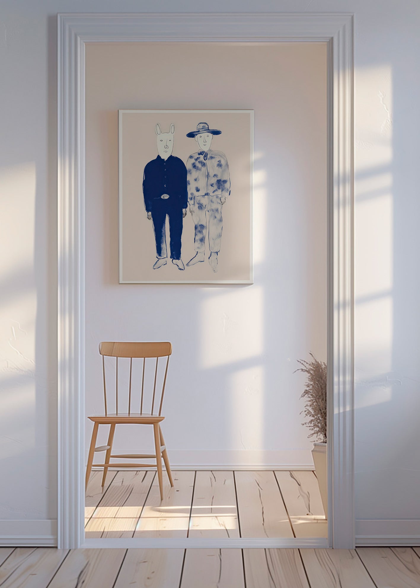 Two-figure illustration with rabbit in blue ink