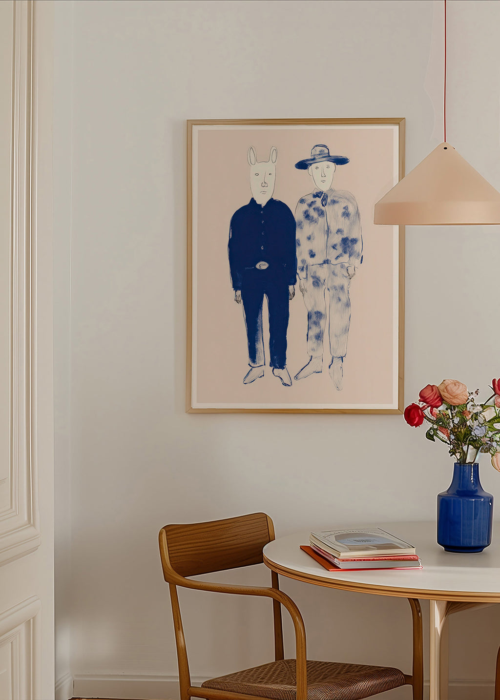 Two-figure illustration with rabbit in blue ink