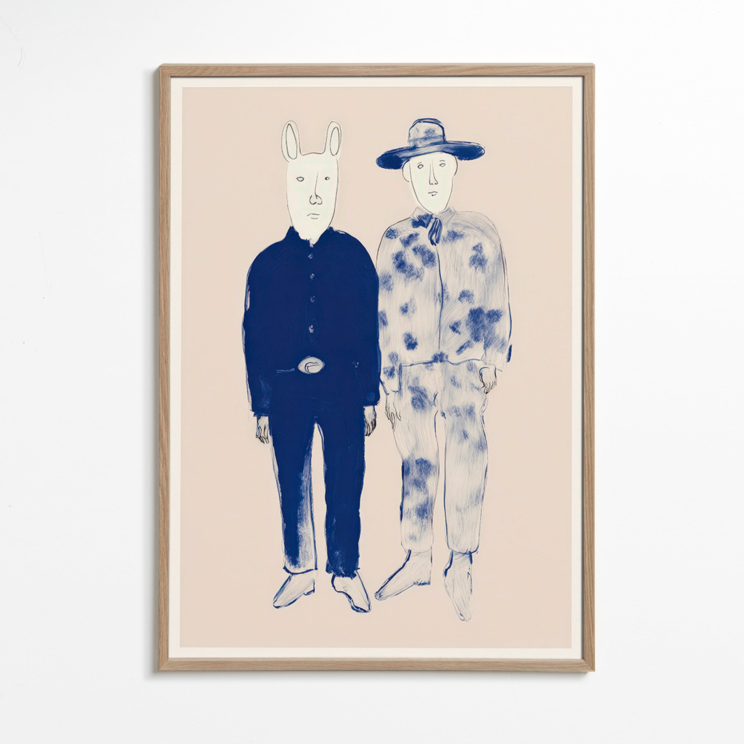 Two-figure illustration with rabbit in blue ink