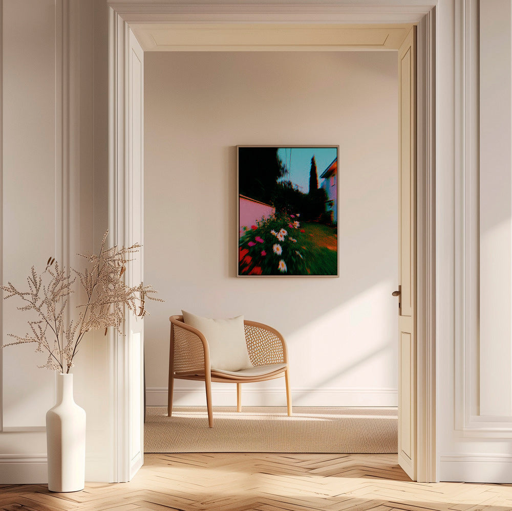 Botanical print: blurred garden with daisies