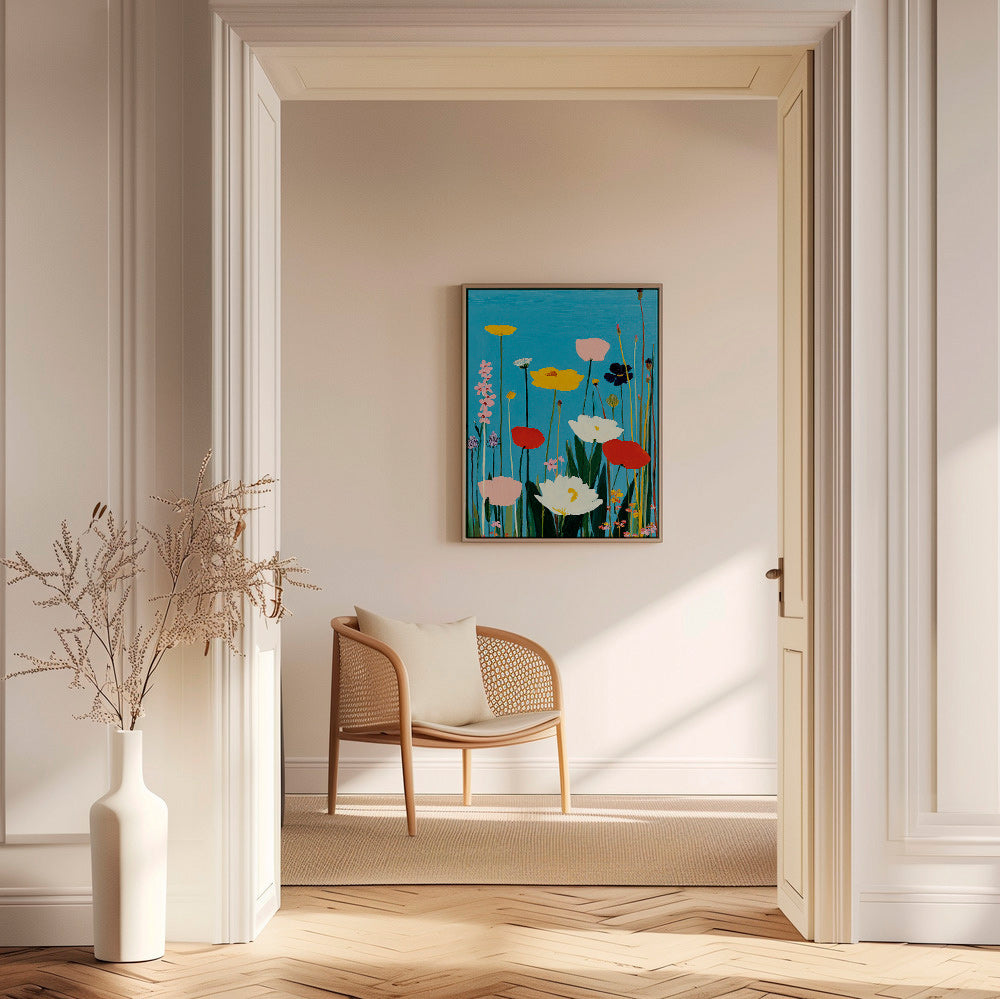 Botanical print of wildflowers on blue