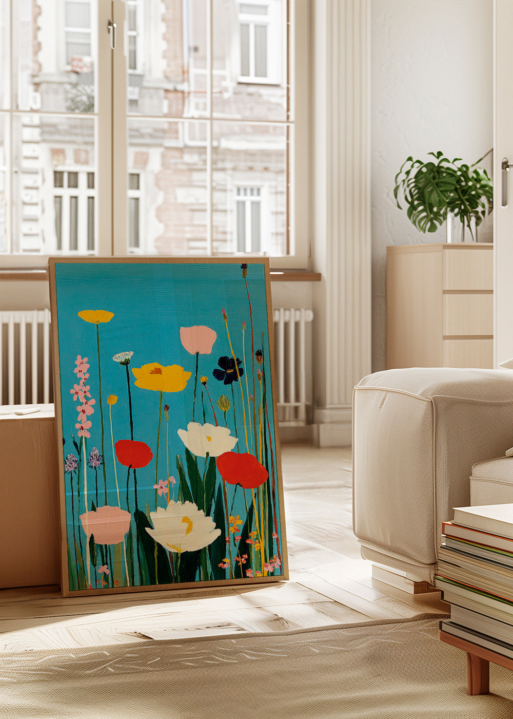 Botanical print of wildflowers on blue