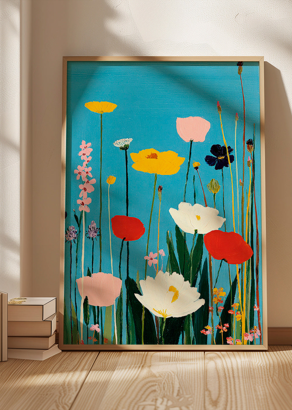 Botanical print of wildflowers on blue