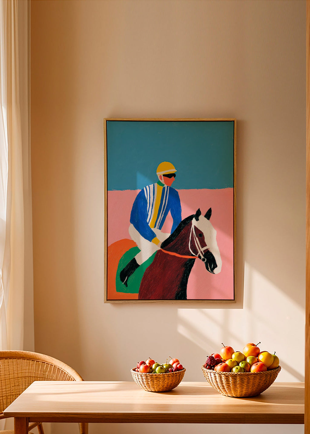 Sports art: jockey and horse in flat colors