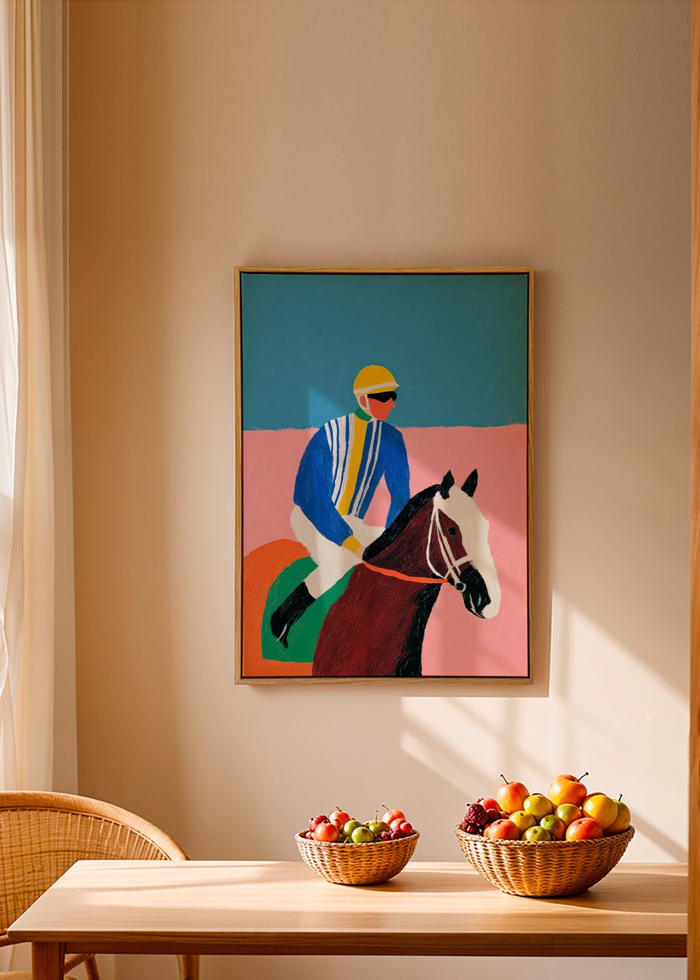 Sports art: jockey and horse in flat colors
