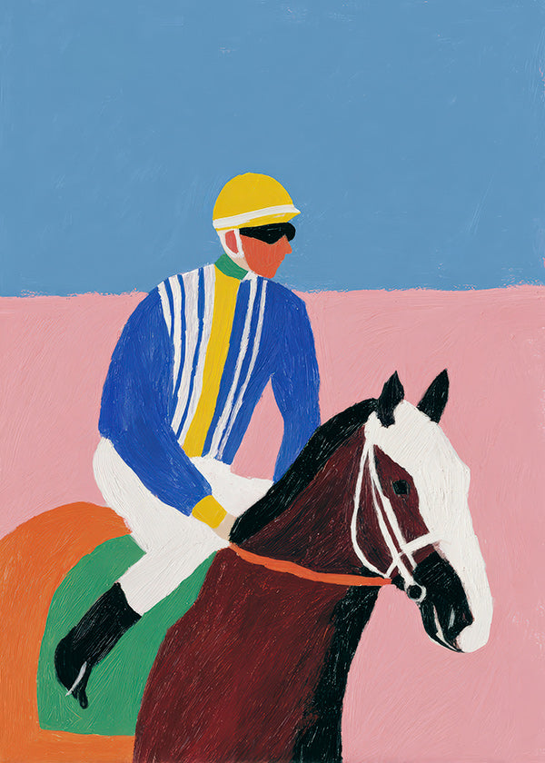 Sports art: jockey and horse in flat colors