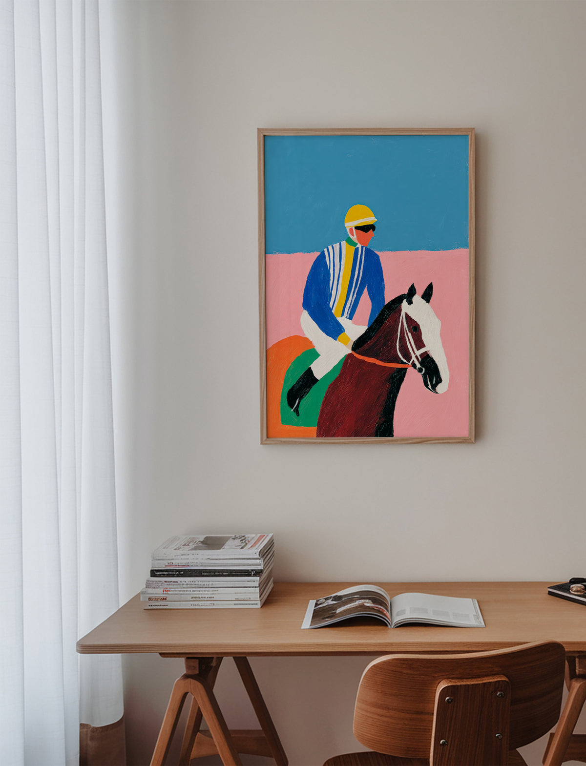 Sports art: jockey and horse in flat colors