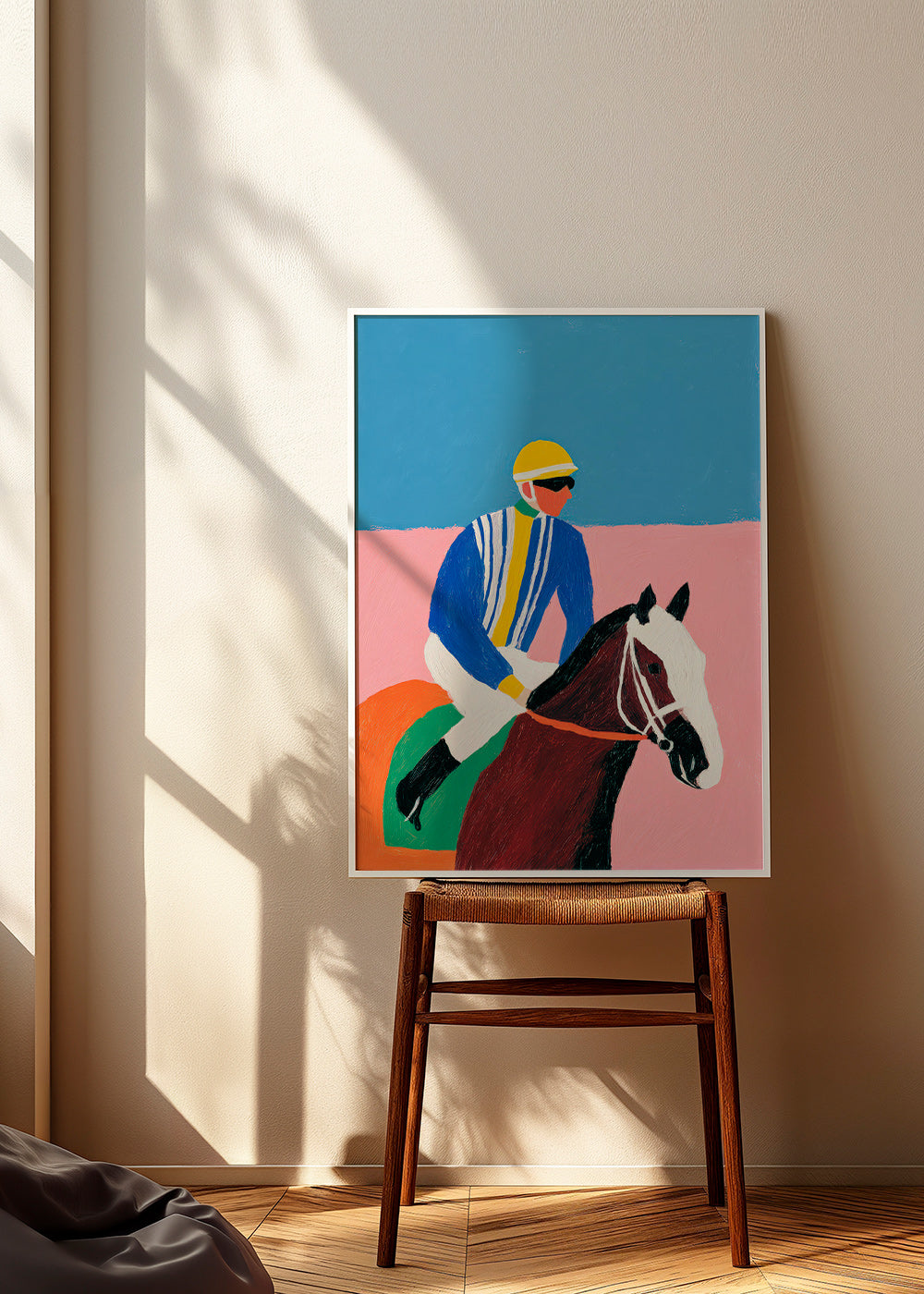 Sports art: jockey and horse in flat colors