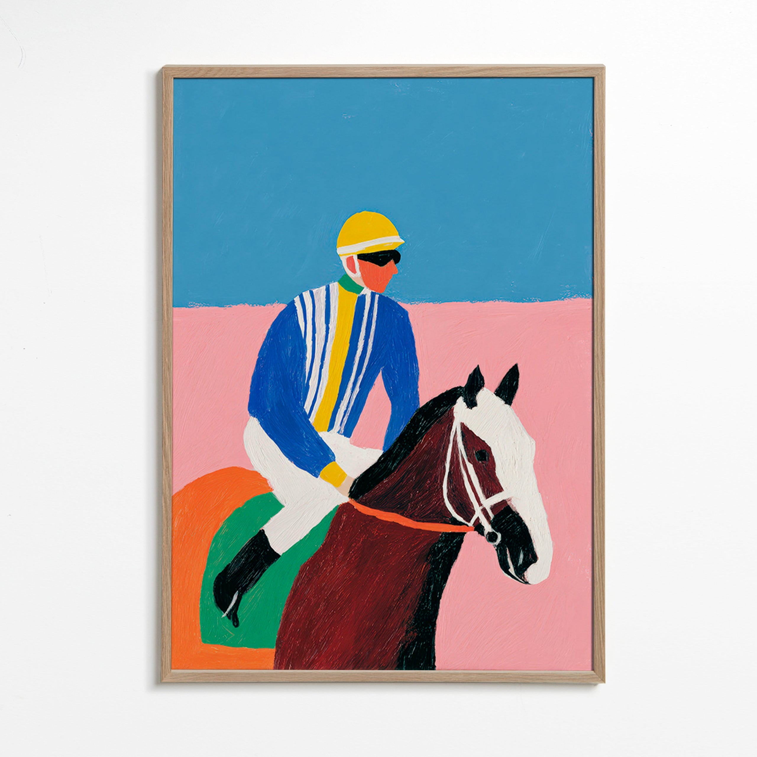 Sports art: jockey and horse in flat colors