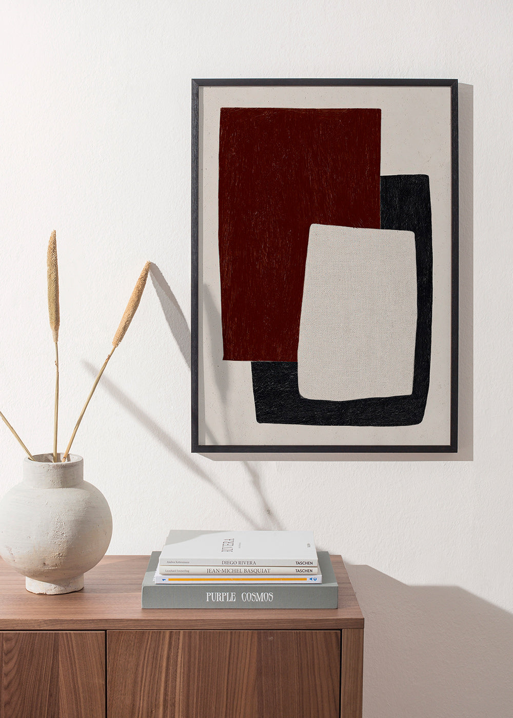 Geometric poster with overlapped burgundy shapes